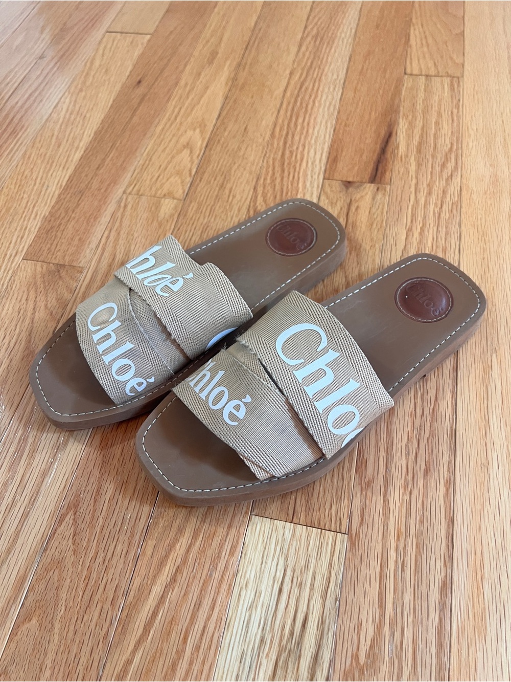 Chloé Tan Logo Webbing Slide Sandals